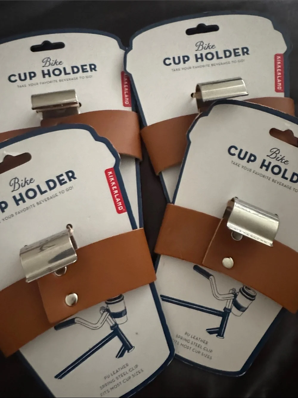 Kikkerland Brown Leather Bike Cup Holders with Silver Clips (Set)